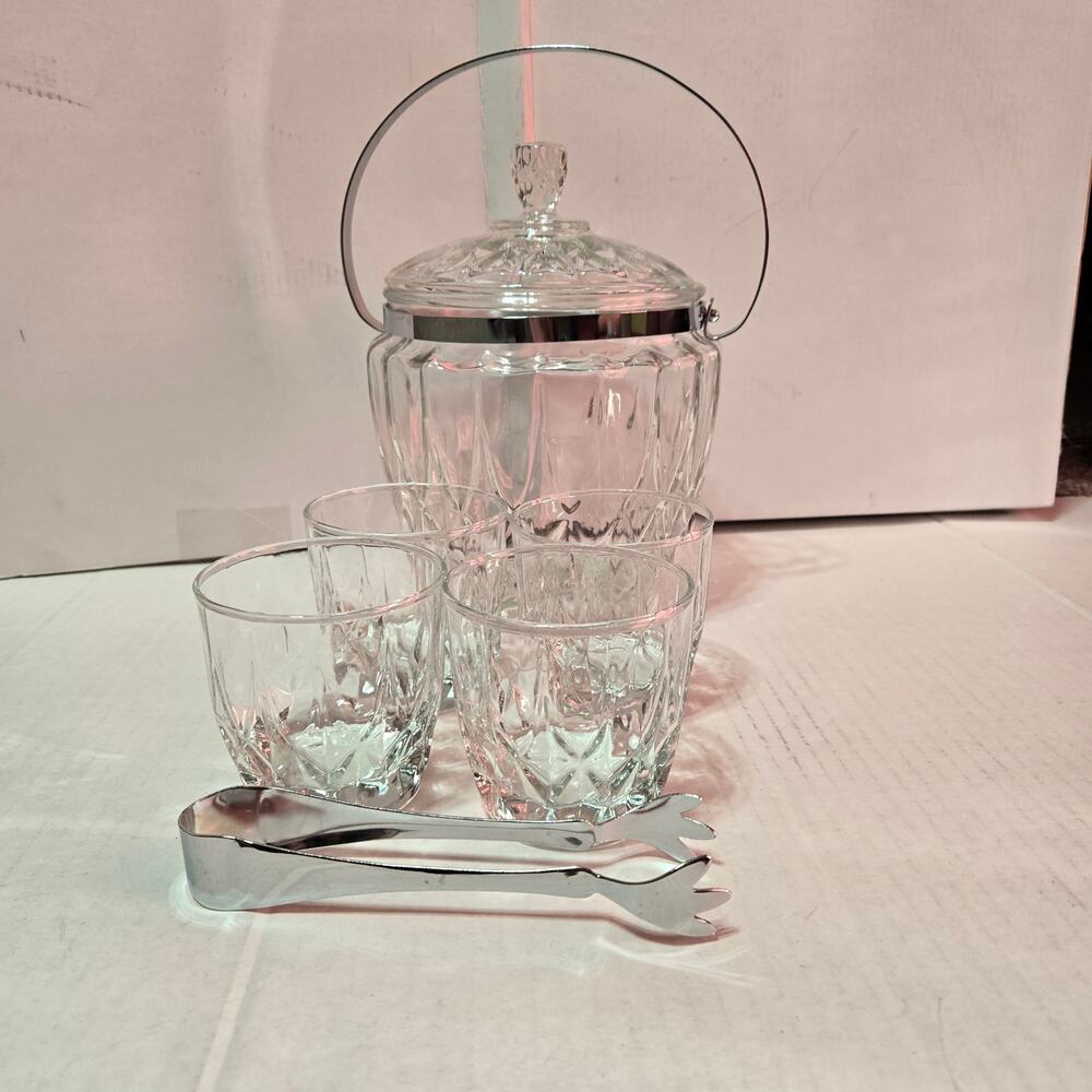 Vintage Anchor Hocking Crown Point Glass Ice Bucket Set 4 Glasses Tongs NIB Box